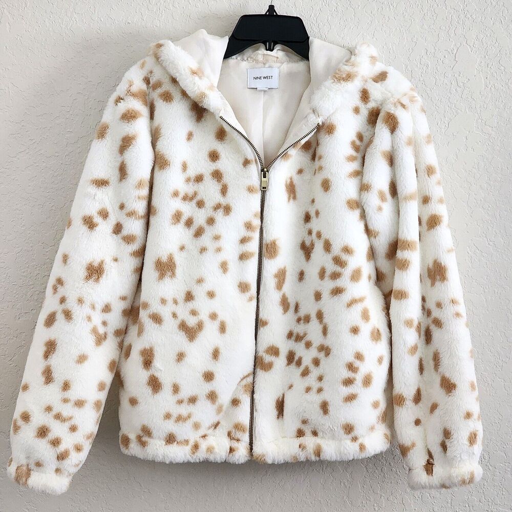 Jacket-Hoodie-Nine West-White Soft Faux Fur with Tan Spots-Lines-Size SMALL